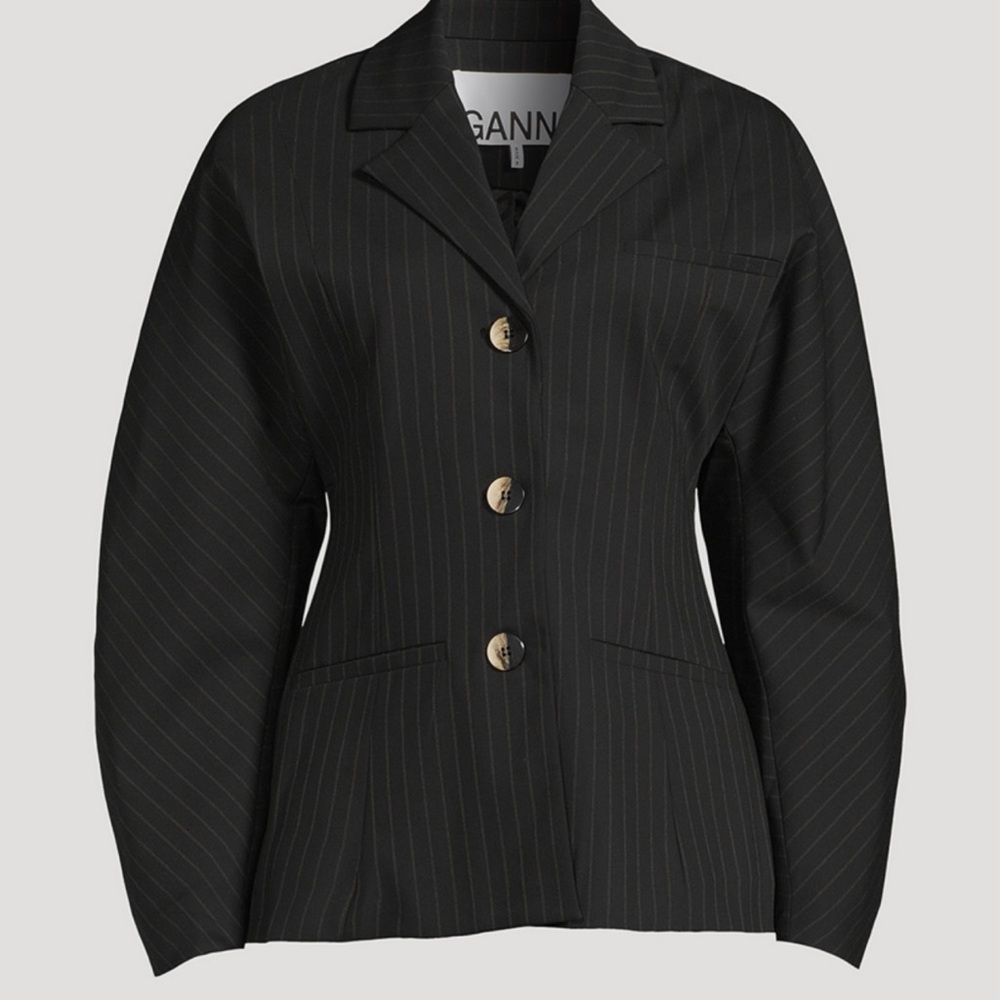 Ganni Black Pinstripe Blazer with Gold Buttons